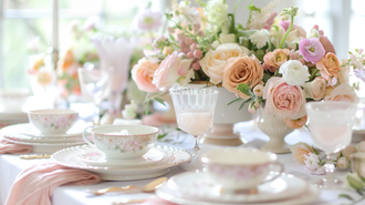 Mother’s Day brunch with pastel floral centerpiece and fine china.