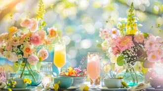 Bright spring themes: Sunlit brunch table with pastel blooms.