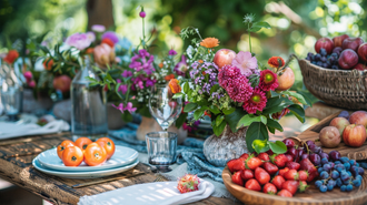 Vibrant summer table decorations with colorful flowers and fruits.