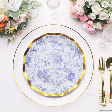 25 Pack 10" White Blue Chinoiserie Disposable Dinner Plates With Gold Wavy Rim, Floral Round Paper Party Plates – 350 GSM