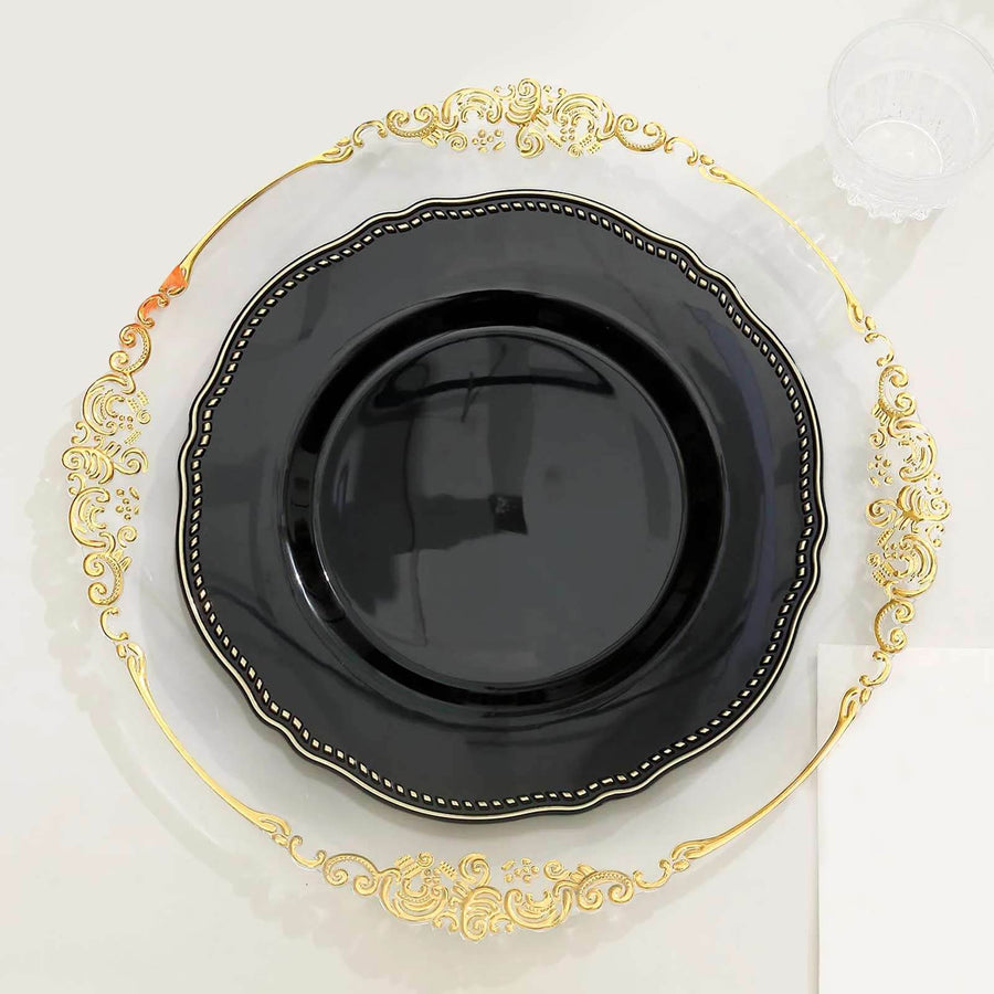 Elegant black plate with gold-trimmed decorative edges.