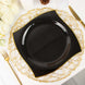 10 Pack | 10inch Black / Gold Wavy Rim Modern Square Plastic Dinner Plates, Disposable Party Plates