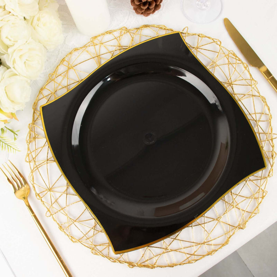 10 Pack | 10inch Black / Gold Wavy Rim Modern Square Plastic Dinner Plates, Disposable Party Plates