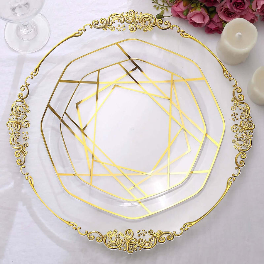 Elegant decorative serving plates with gold accents and intricate design.