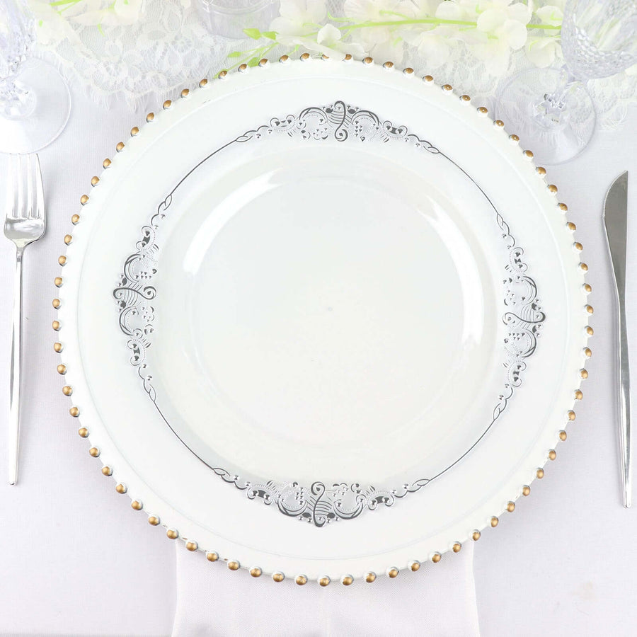 10 Pack | 10inch Clear Silver Leaf Embossed Baroque Plastic Dinner Plates