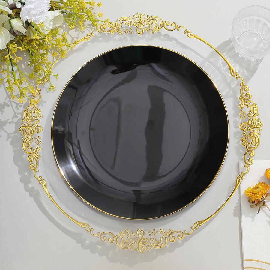 10 Pack | 10inch Glossy Black Round Disposable Dinner Plates With Gold Rim