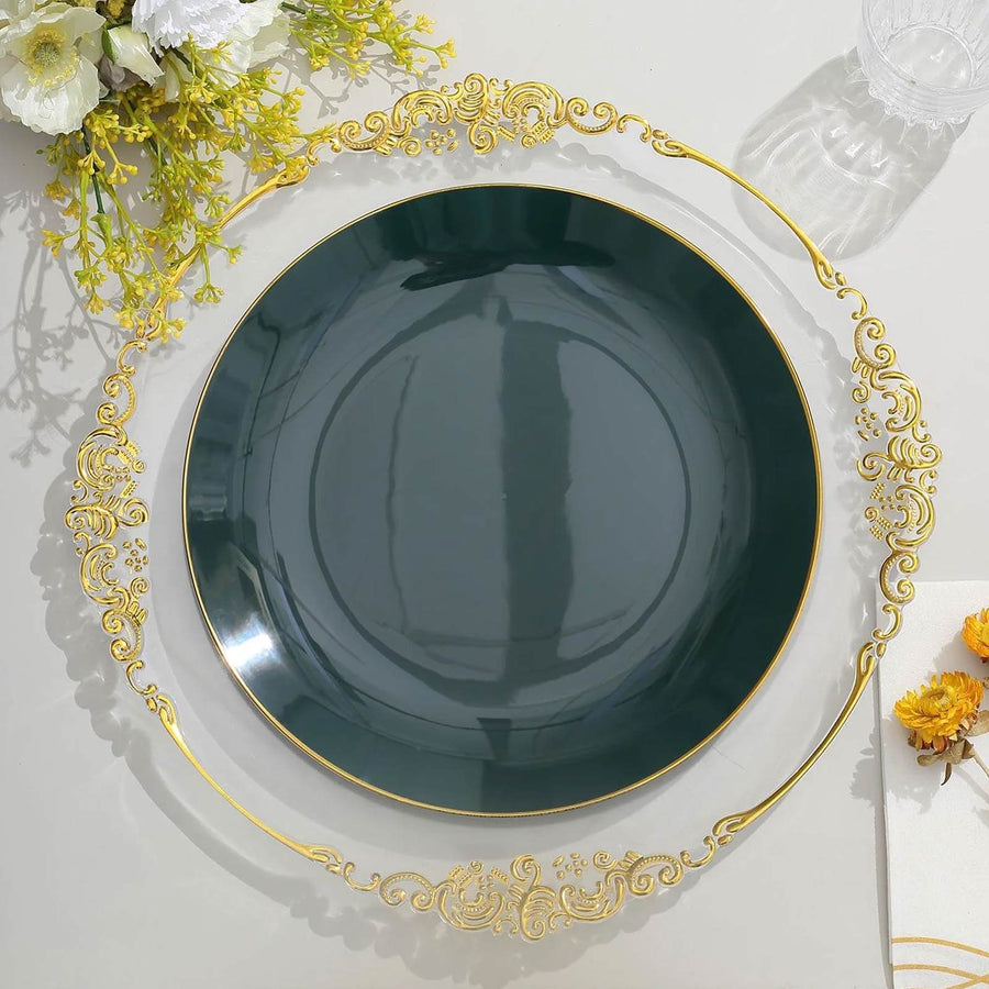 10 Pack | 10inch Glossy Hunter Emerald Green Round Disposable Dinner Plates With Gold Rim