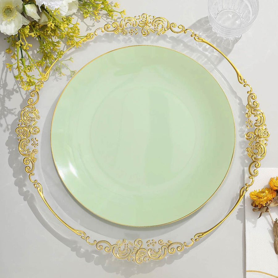 10 Pack | 10inch Glossy Sage Green Round Disposable Dinner Plates With Gold Rim