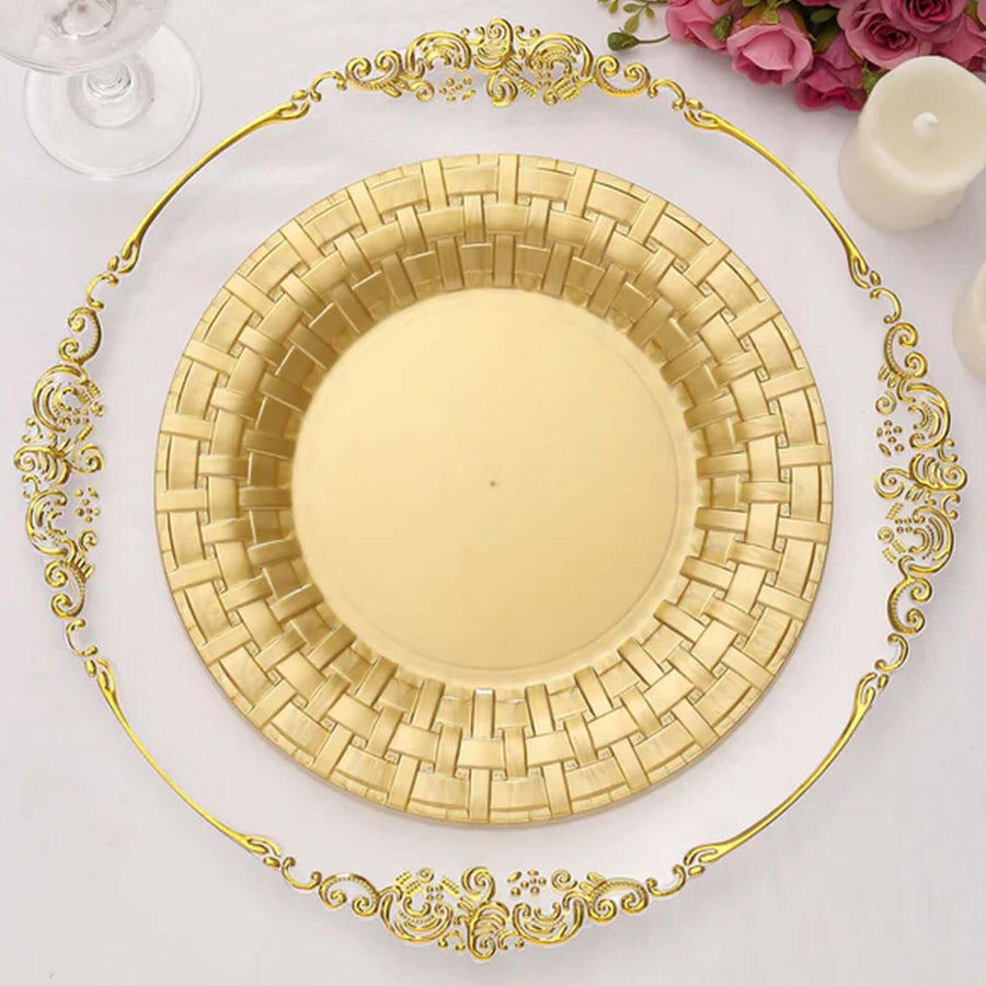 Gold decorative charger plate with woven design and ornate edges.