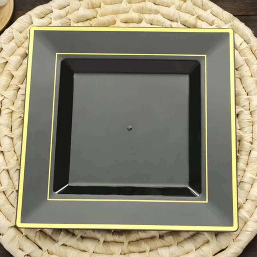 10 Pack | 10inch Gold Trim Black Square Plastic Disposable Dinner Plates