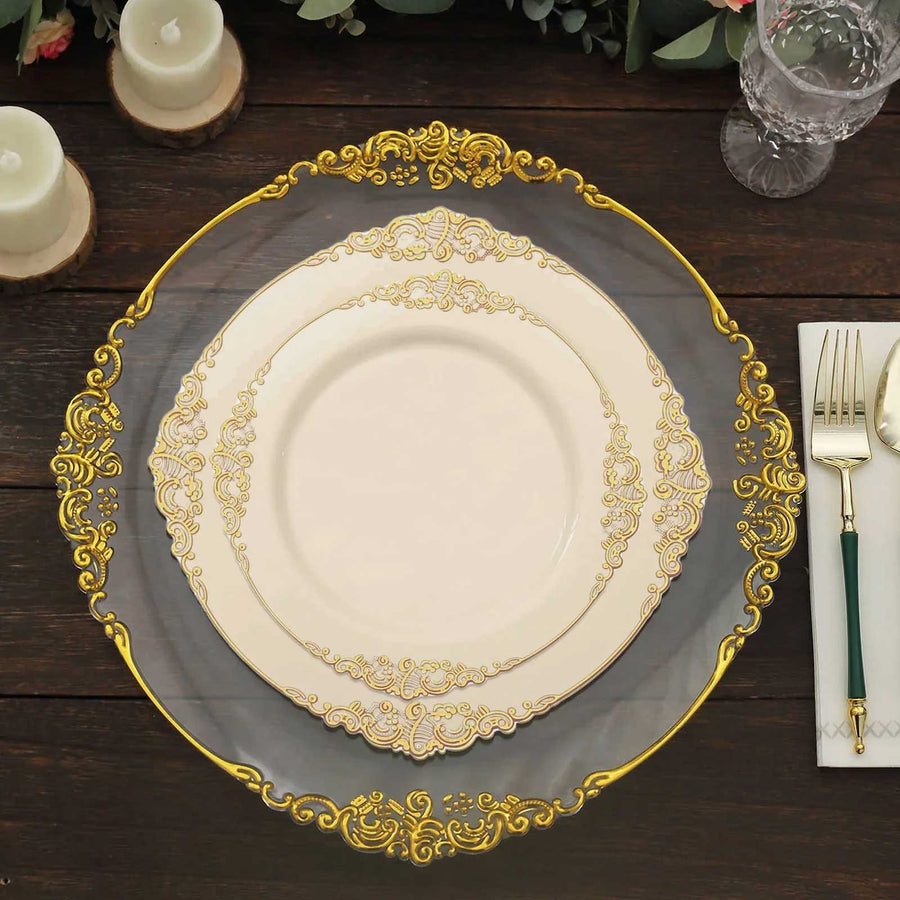 10 Pack | 10inch Ivory Gold Leaf Embossed Baroque Plastic Dinner Plates