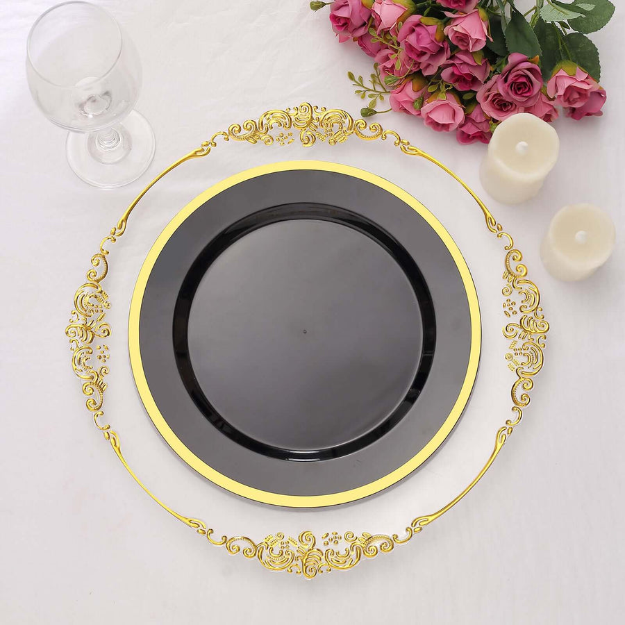 10 Pack | 10Inch Regal Black and Gold Round Plastic Dinner Plates