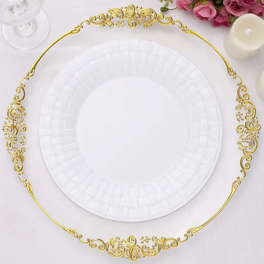 Elegant white plate with ornate gold trim design on a plain backdrop