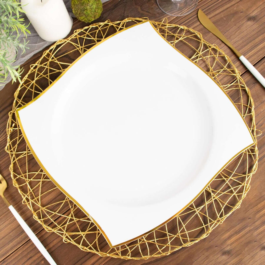 10 Pack | 10inch White / Gold Wavy Rim Modern Square Plastic Dinner Plates, Disposable Party Plates