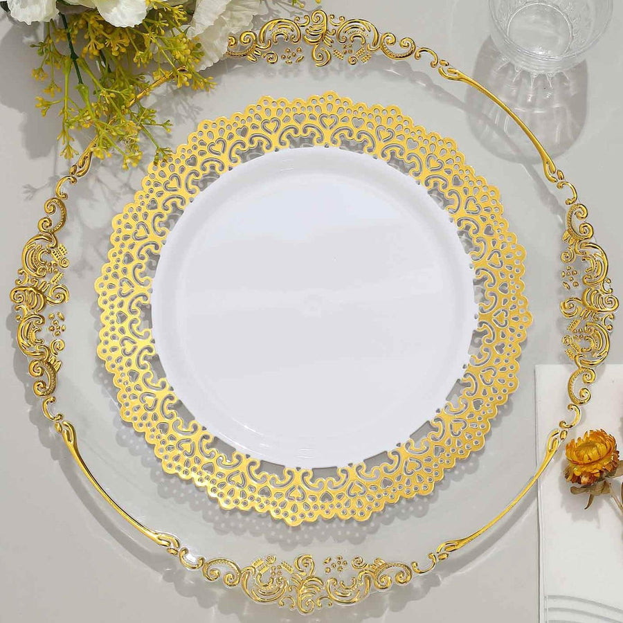Gold ornate charger plate with a white center on a neutral background.