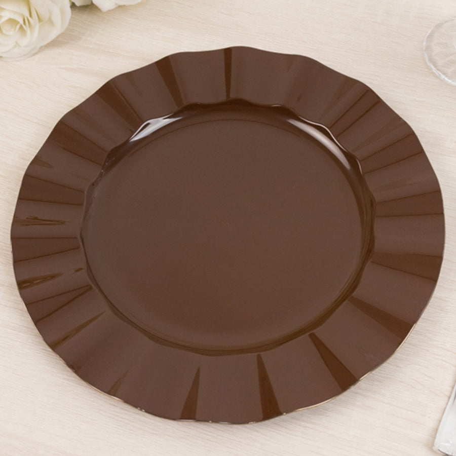10-Pack Plastic 11" Round Dinner Plates in Cinnamon Brown Ruffled Rim with Gold Edging - Sturdy Disposable Dinnerware
