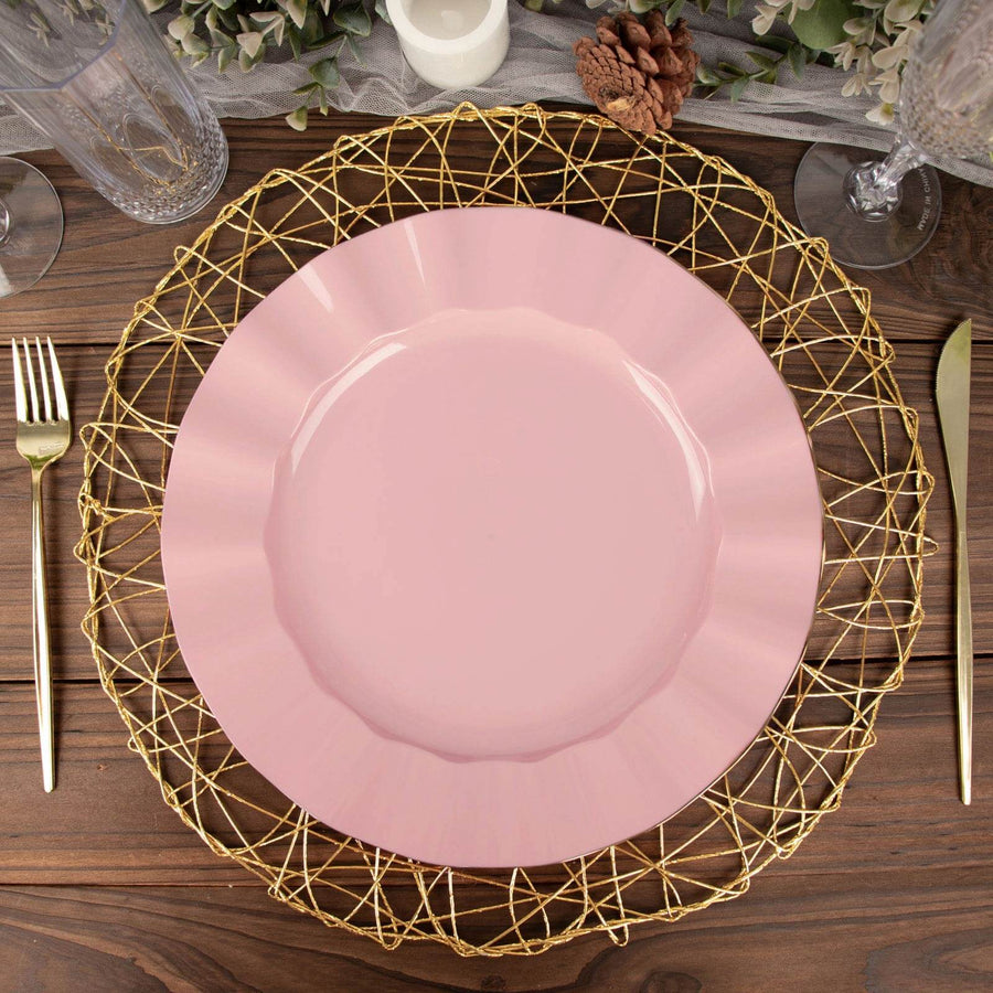 10 Pack | 11 Dusty Rose Disposable Dinner Plates With Gold Ruffled Rim, Round Plastic Party Plates