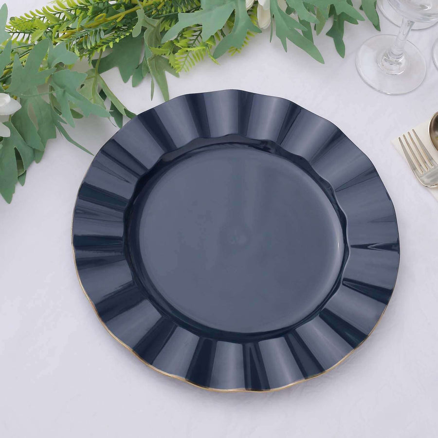 10 Pack | 11 Navy Blue Disposable Dinner Plates With Gold Ruffled Rim, Round Plastic Party Plates