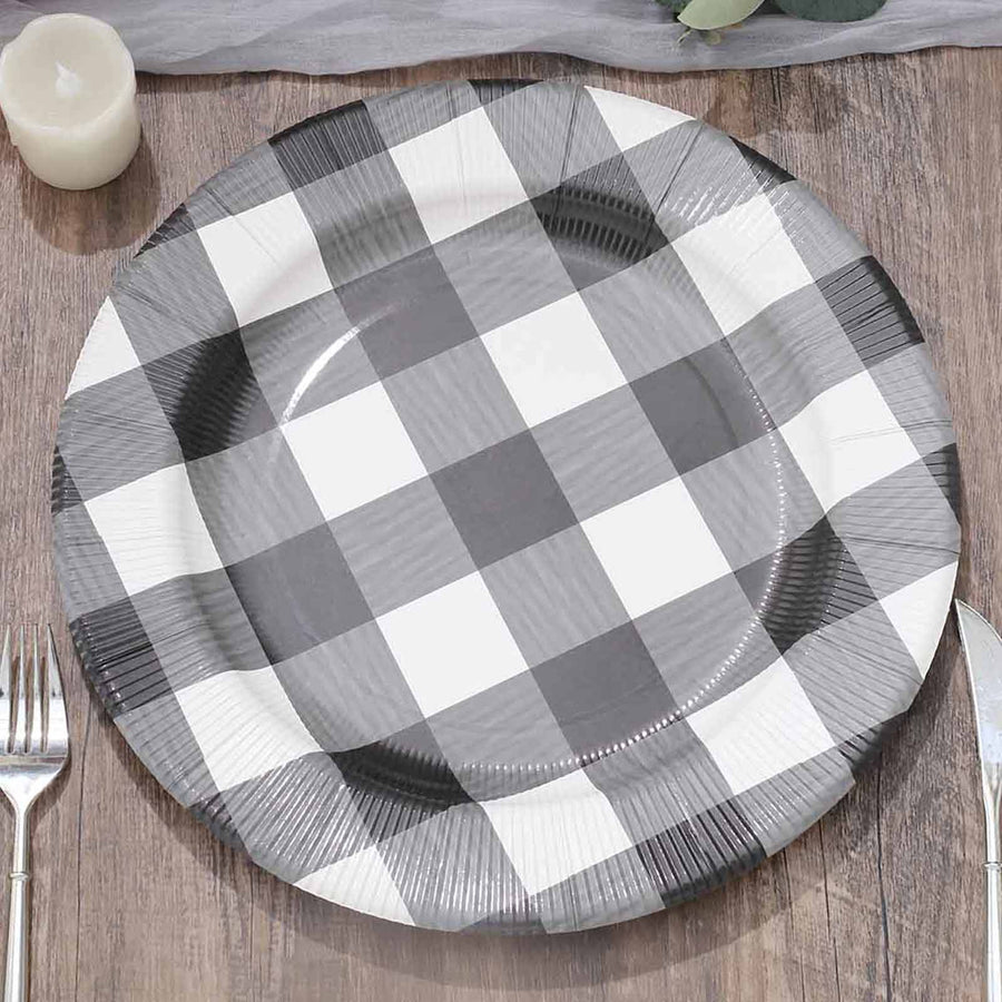 10-Pack Disposable Paper Charger Plates – Black/White Buffalo Plaid 13inch Round Table Chargers