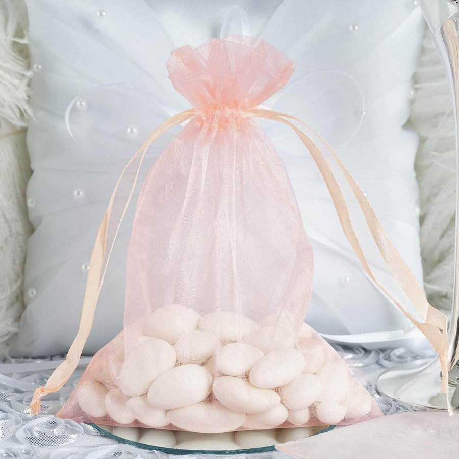 10 Pack | 5x7inch Blush/Rose Gold Organza Drawstring Wedding Party Favor Gift Bags