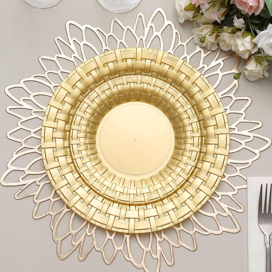 Gold woven charger plate on a decorative lace placemat.