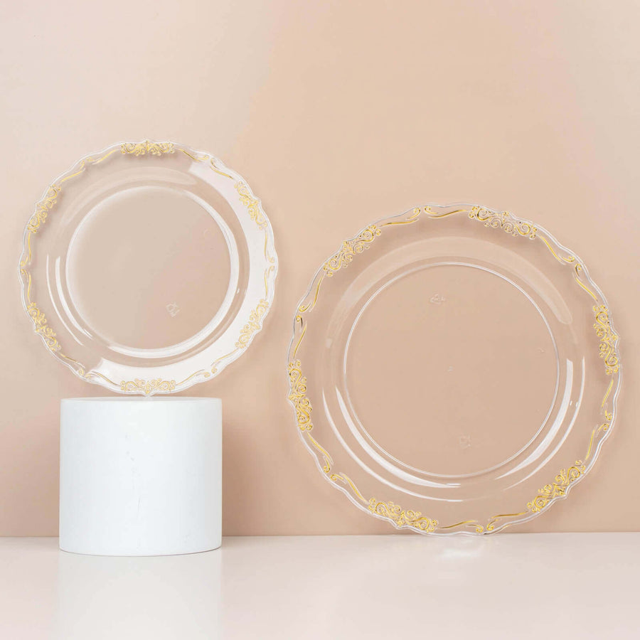 10 Pack | 7inch Gold Vintage Rim Clear Disposable Salad Plates With Embossed Scalloped Edges