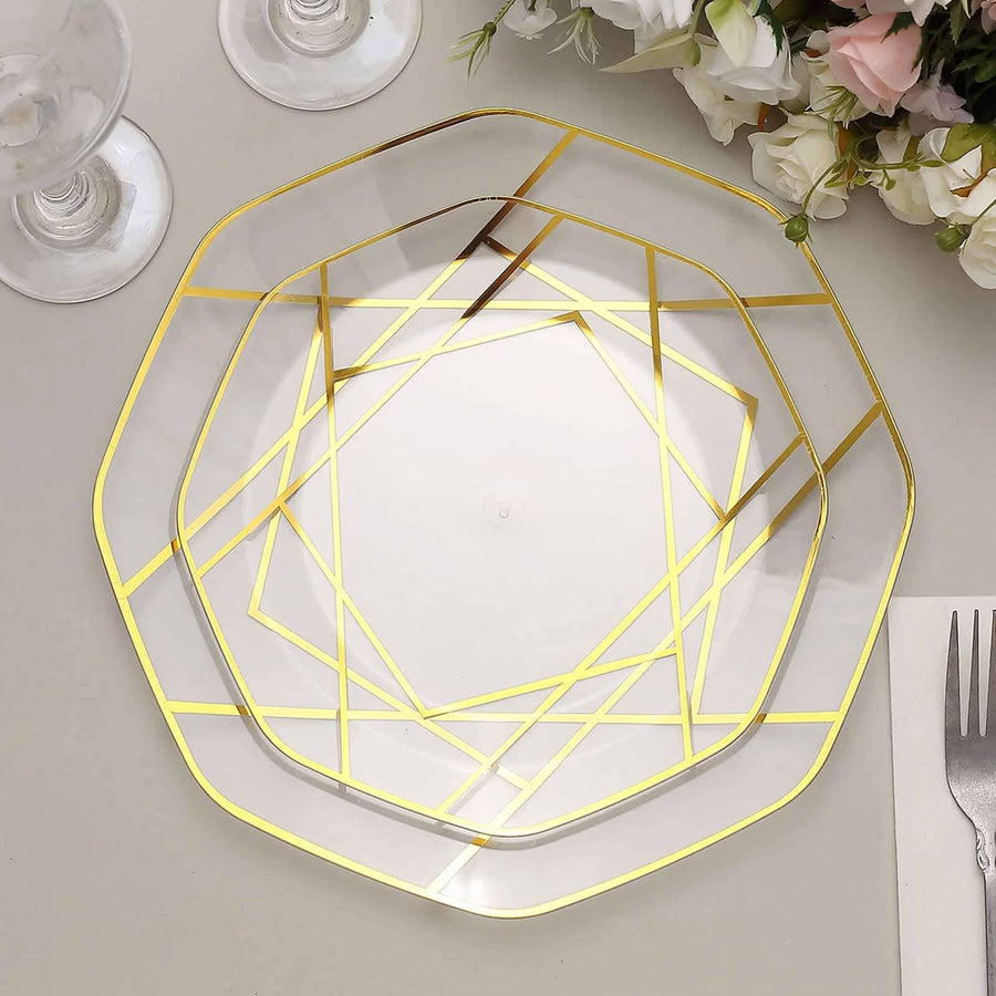 Geometric gold and clear decorative plate on a table setting.