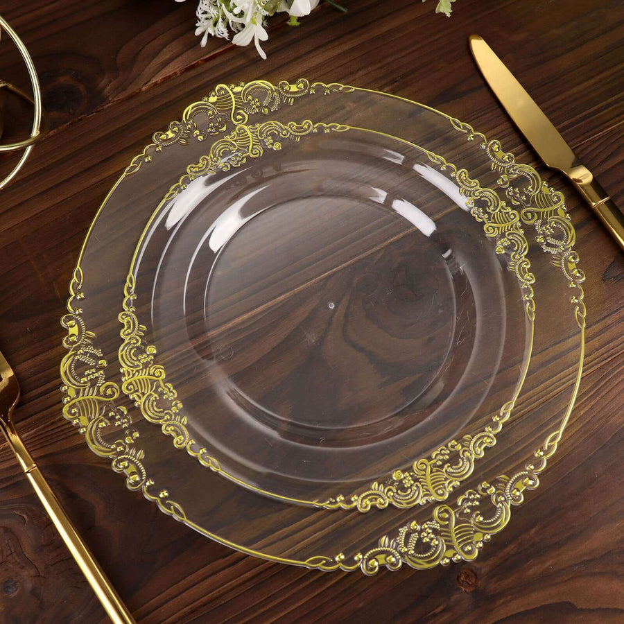 10 Pack | 8inch Clear Gold Leaf Embossed Baroque Plastic Salad Dessert Plates