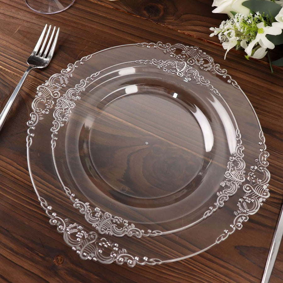 Elegant clear decorative plate on a wooden table.