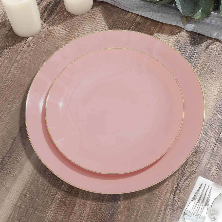 10-Pack Plastic 8" Round Dessert Plates in Dusty Rose with Gold Rim - Glossy Disposable Appetizer Salad Plates
