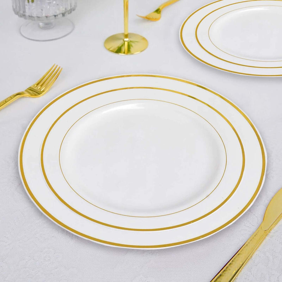 10 Pack | 8inch Très Chic Gold Rim Ivory Disposable Salad Plates, Plastic Dessert Appetizer Plates