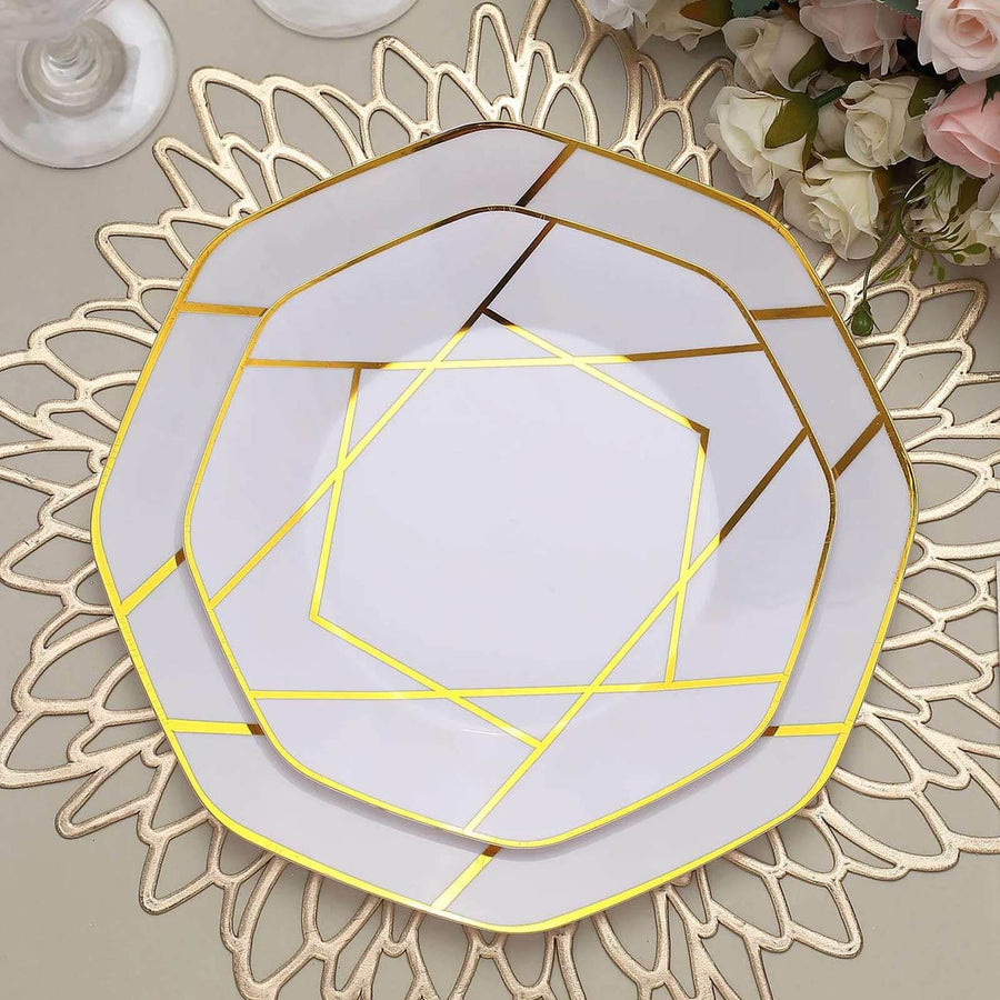 Elegant geometric gold-accented plate on a decorative lace placemat.