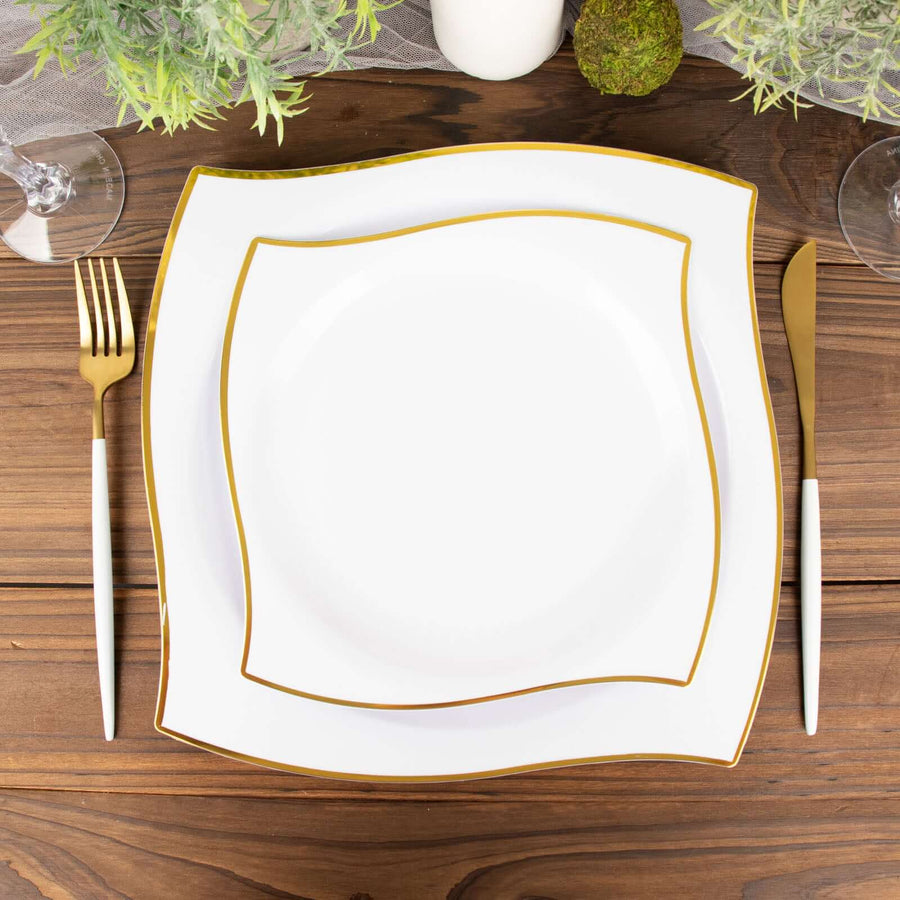 10 Pack | 8inch White / Gold Wavy Rim Modern Square Plastic Dessert Plates, Disposable Salad Plates