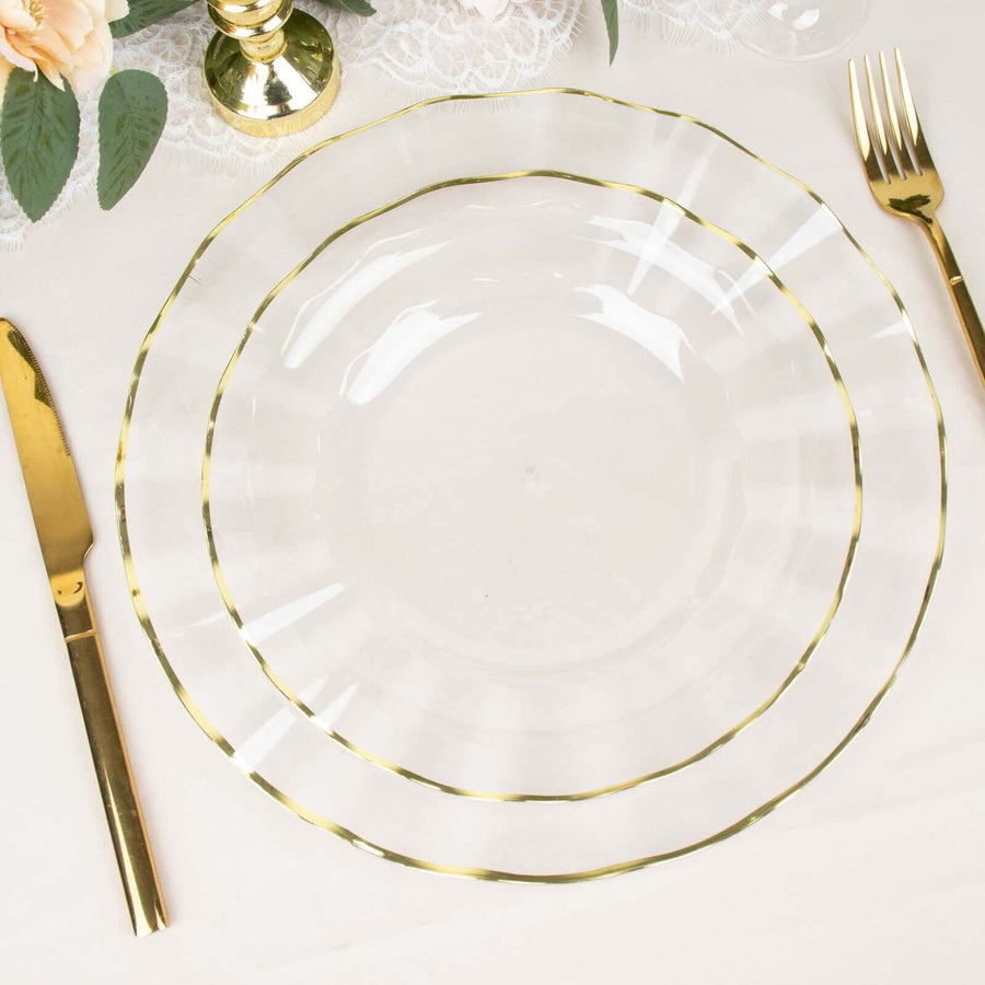 10 Pack | 9inch Clear Heavy Duty Disposable Dinner Plates with Gold Ruffled Rim Dinnerware