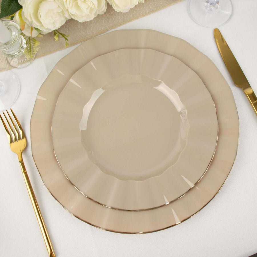 9inch Taupe Heavy Duty Disposable Dinner Plates with Gold Ruffled Rim, Hard Plastic Dinnerware