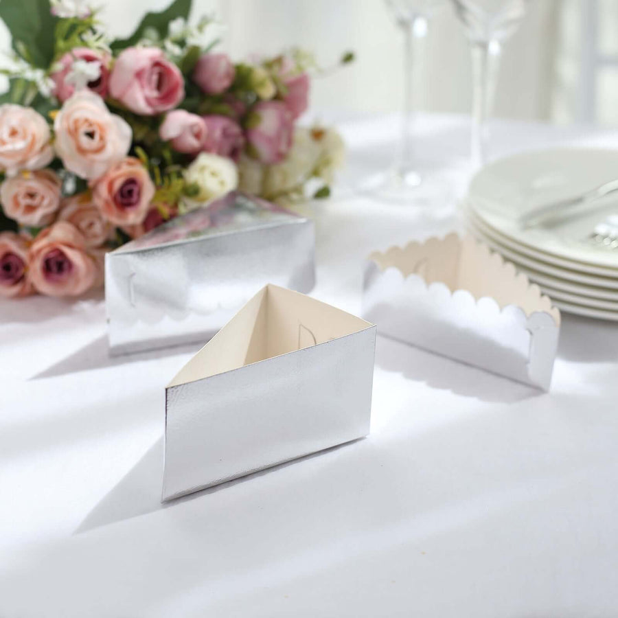 10 Pack | 4inch x 2.5inch Silver Single Slice Triangular Cake Boxes with Scalloped Top