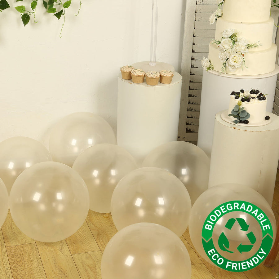 Biodegradable clear balloons arranged for a celebration event.