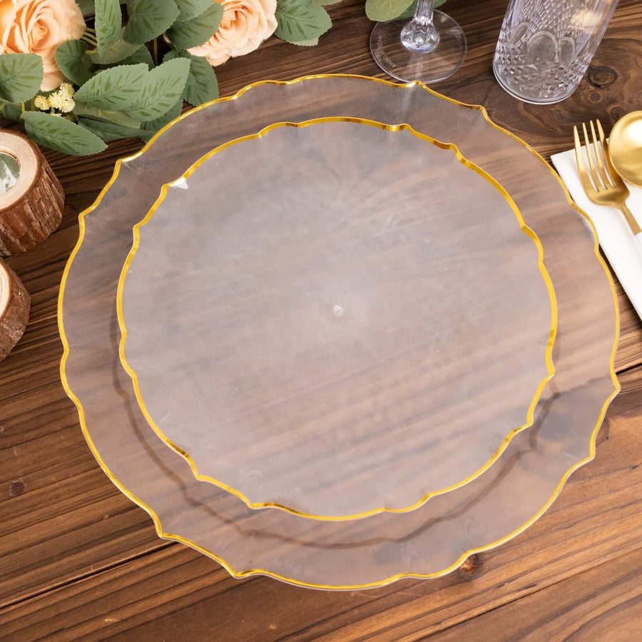 10 Pack Clear Sunflower Disposable Salad Plates with Gold Scalloped Rim