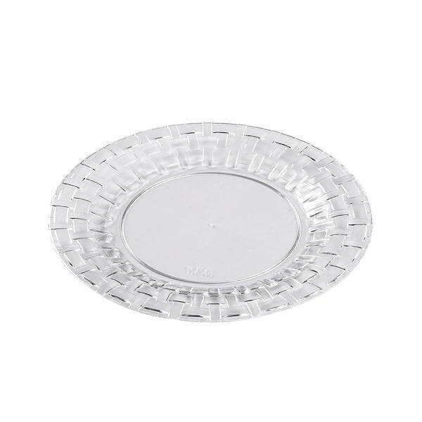Clear plastic plate with a woven design, perfect for casual dining.