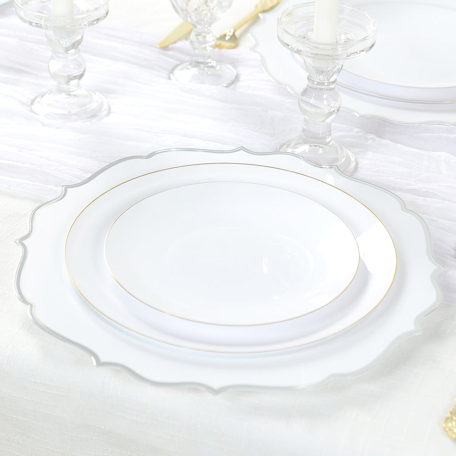10 Pack White Economy Plastic Charger Plates With Silver Scalloped Rim