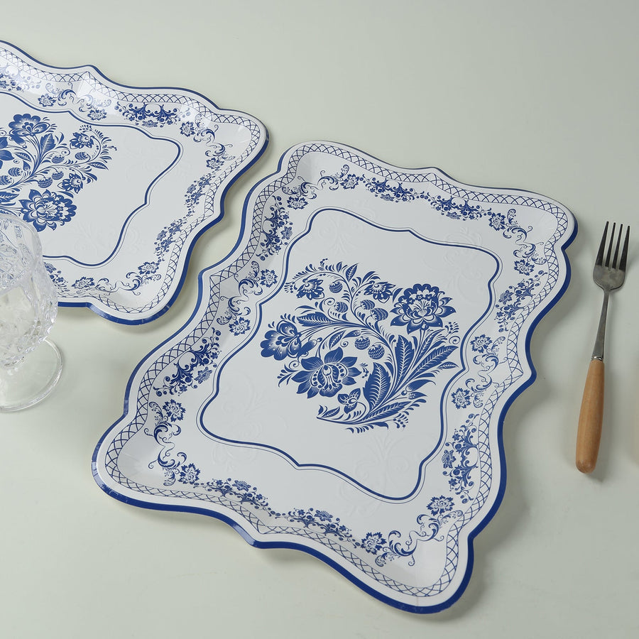 10-Pack Paper 14"x10" Rectangle Serving Trays White Royal Blue Damask Floral Pattern