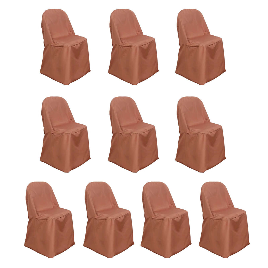 Set of ten brown chair covers on a white background