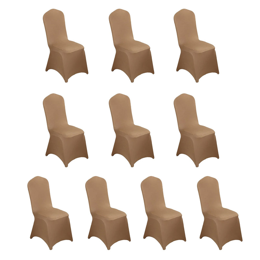 Set of 10 beige chair covers on a white background