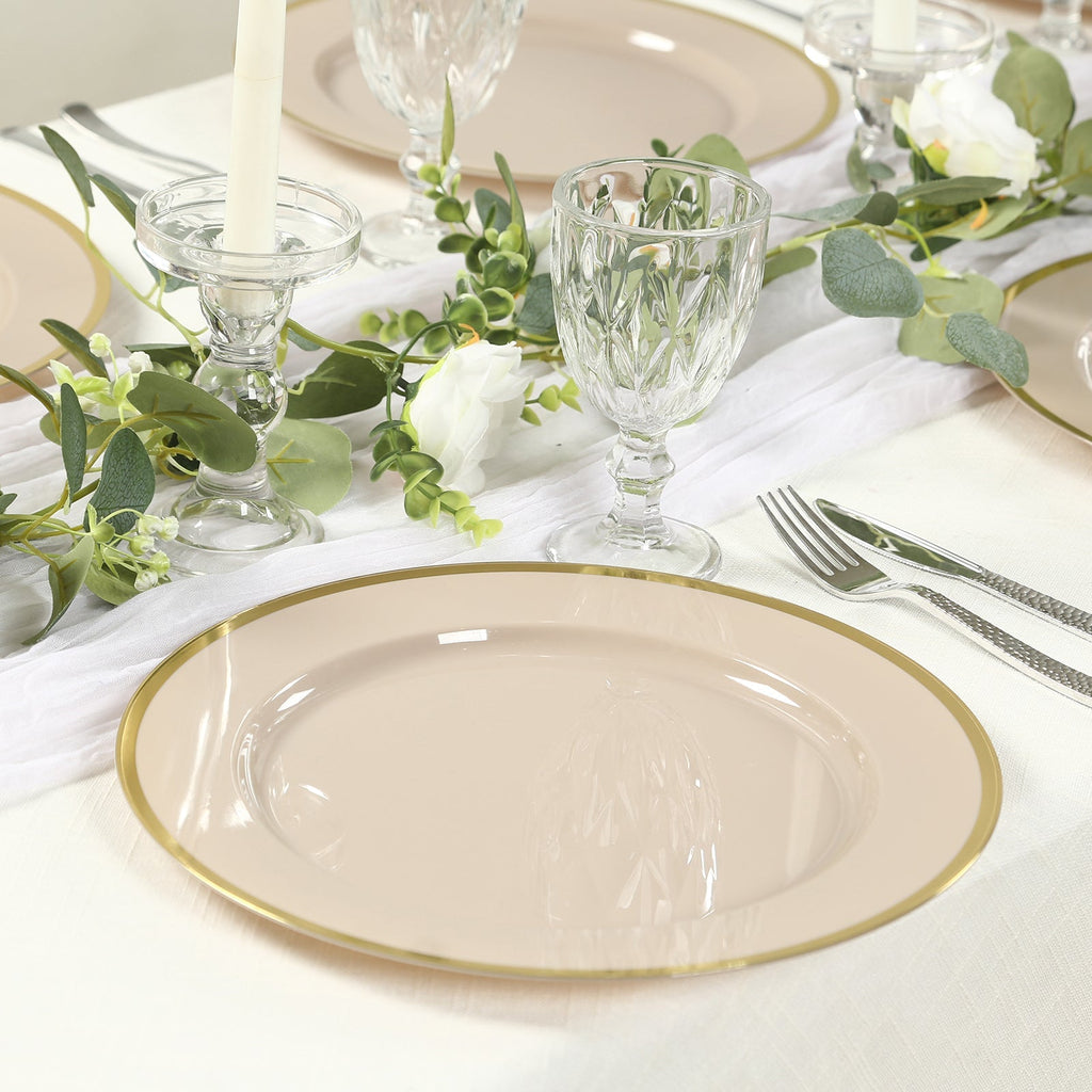 10-Pack Taupe Gold Rim Charger Plates TableclothsFactory