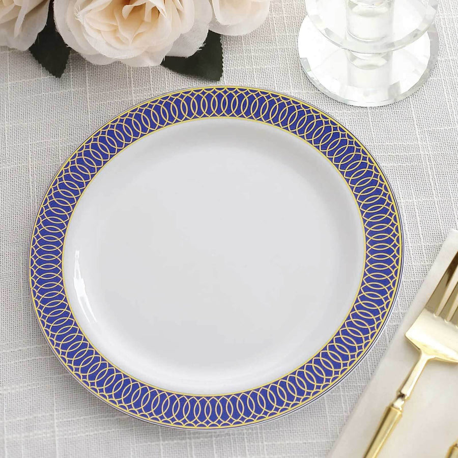 10 Pack White Disposable Party Plates With Navy Blue Gold Spiral Rim, 10" Round Plastic Dinner Plate