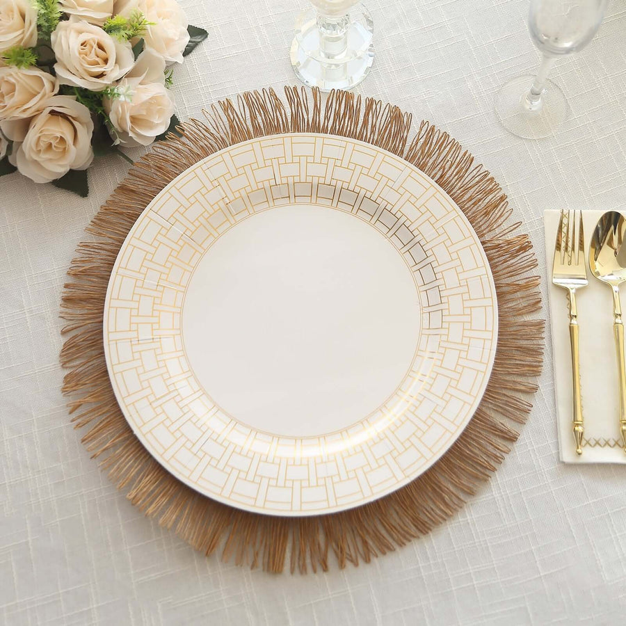 10 Pack White Disposable Serving Plates With Gold Basketweave Pattern Rim