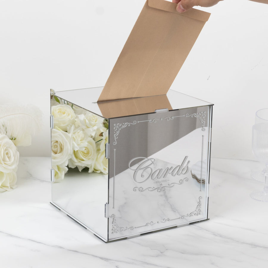 10inch Silver Mirror Acrylic Wedding Card Box with Slot - Wishing Well Money Box for Reception
