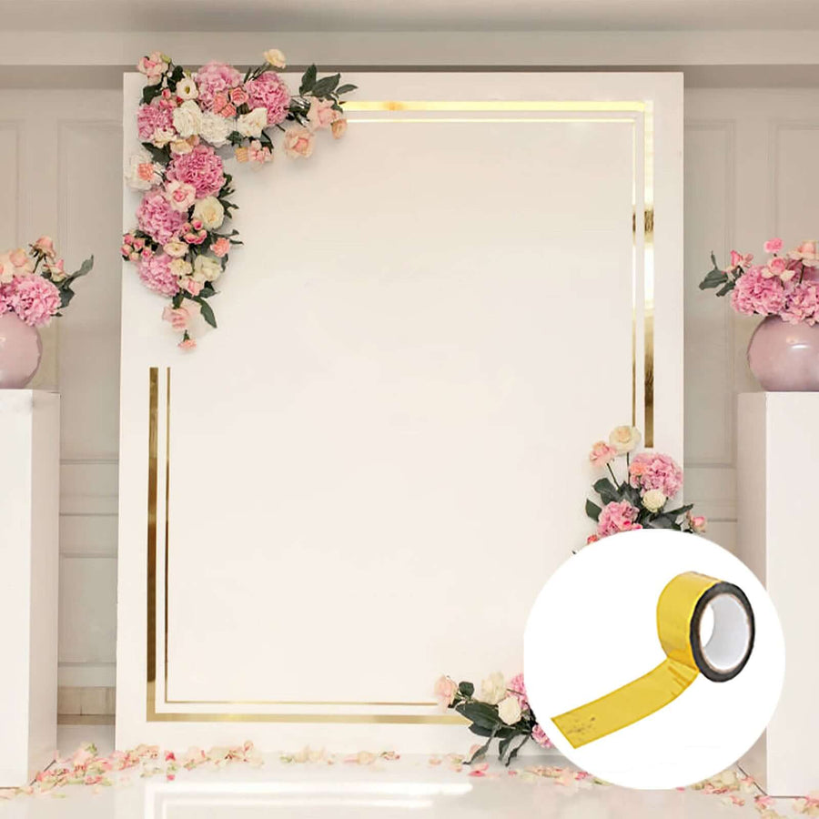 Yellow decorative tape on a white backdrop with floral accents.