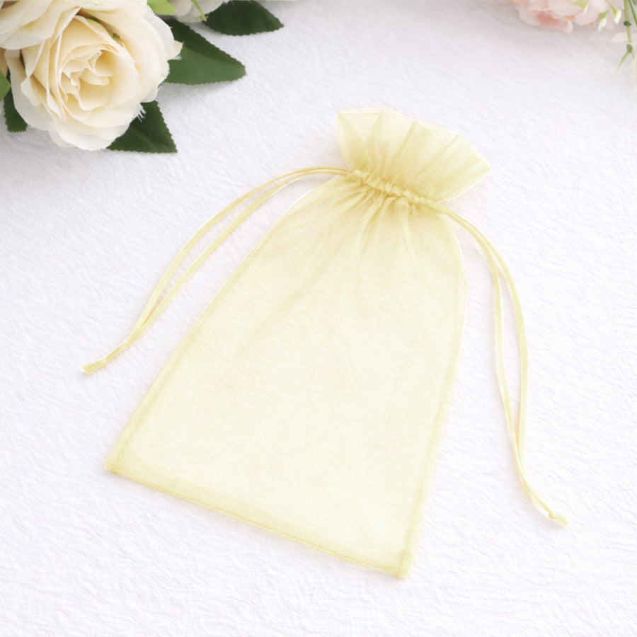 Yellow organza gift bag with drawstring closure