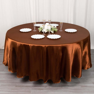 Cinnamon Brown Satin Round Tablecloth - Add Elegance to Your Event Cinnamon Brown Satin Round Tablecloth - Add Elegance to Your Event